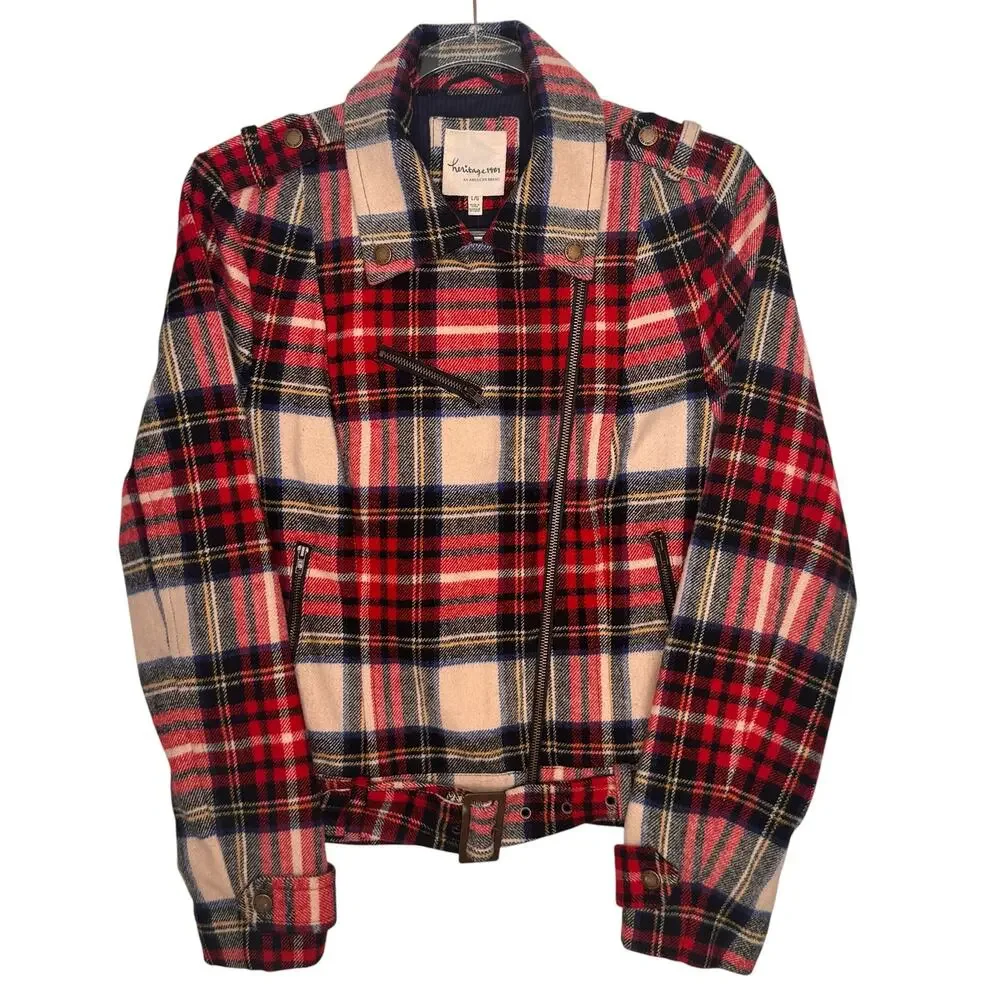 Heritage 1981 Wool Blend Plaid Moto Biker Jacket Belted Red Tartan Preppy Small